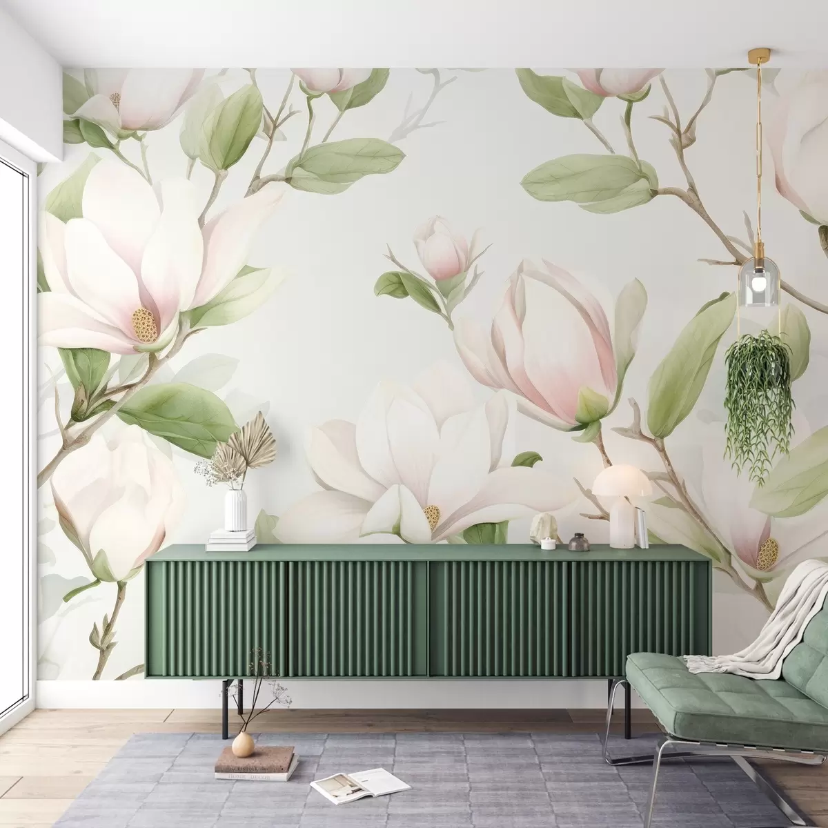 Fotobehang Elegante magnolia takken met delicate wit-roze bloesems en groene bladeren op een lichte achtergrond w03046