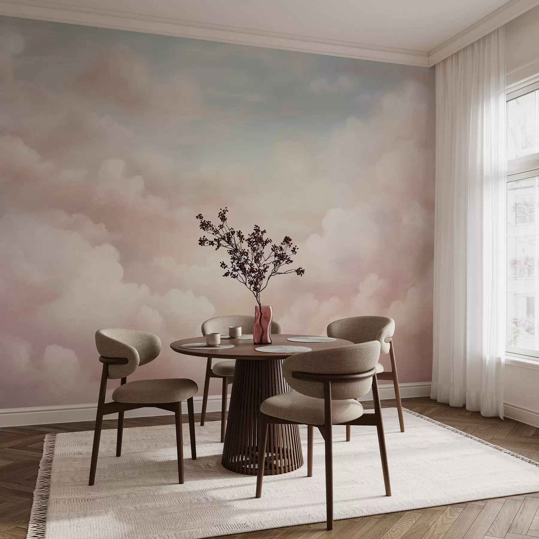 Fotobehang Zachte pastelkleurige wolken in roze, crème en blauwe tinten w03047