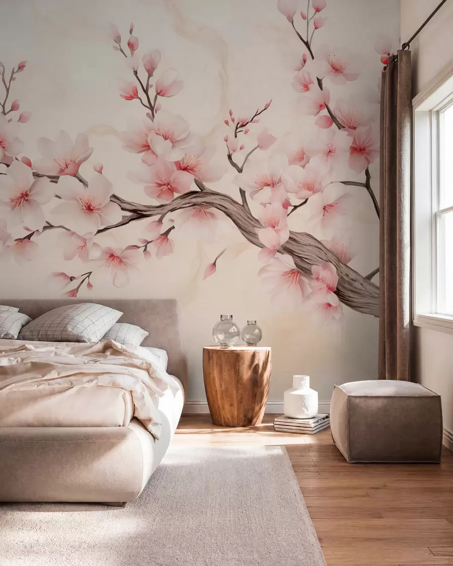 Fotobehang Een tere kersenbloesemtak met zachtroze bloemen op een lichte achtergrond w03079