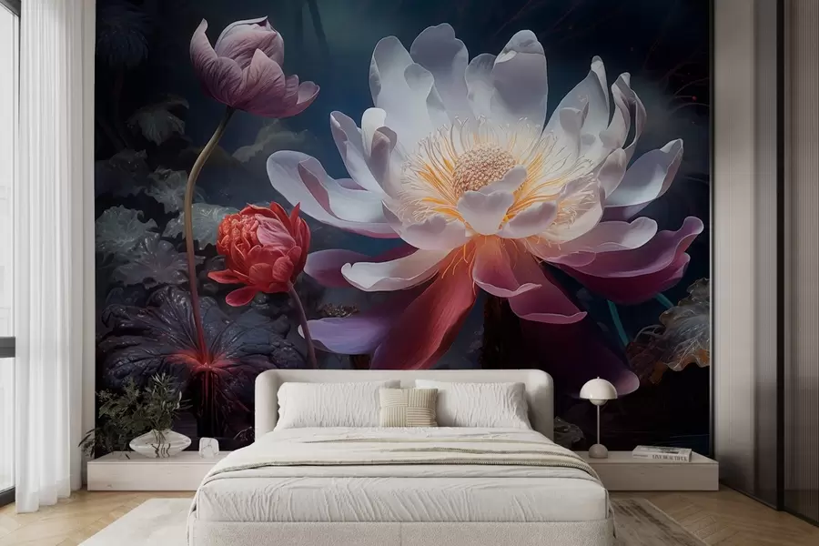 Fotobehang Fantastische bloemen bloeien in een sprookjesachtige donkere sfeer w08747