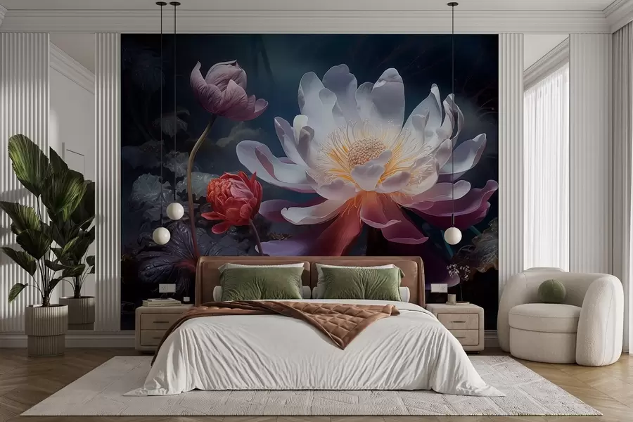 Fotobehang Fantastische bloemen bloeien in een sprookjesachtige donkere sfeer w08747