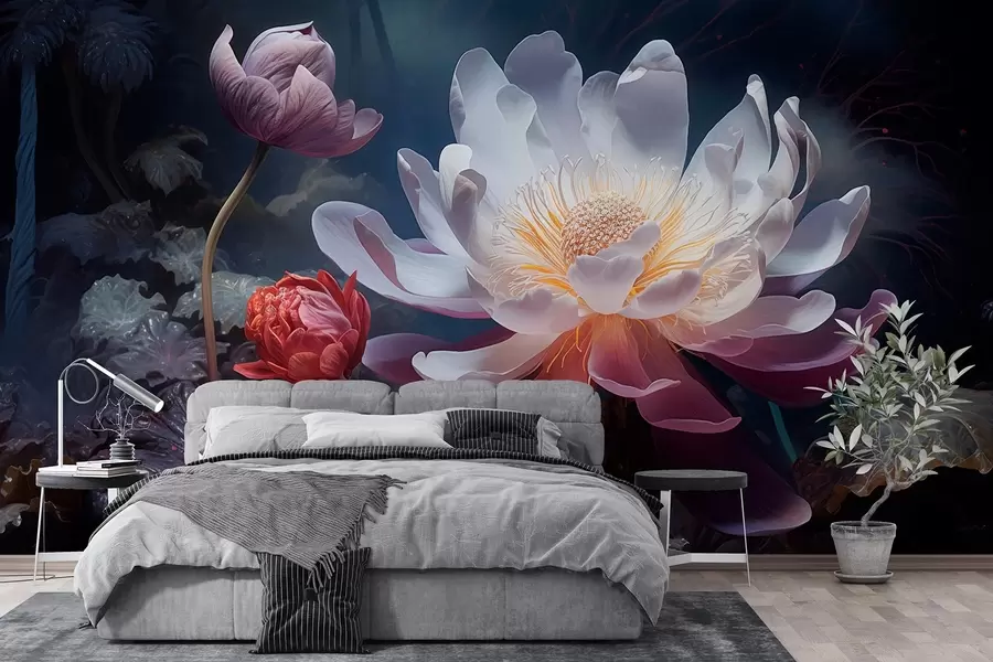 Fotobehang Fantastische bloemen bloeien in een sprookjesachtige donkere sfeer w08747