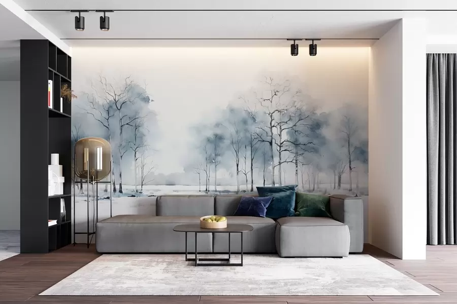 Fotobehang Blauwe bomen in aquarelstijl op witte achtergrond w08753
