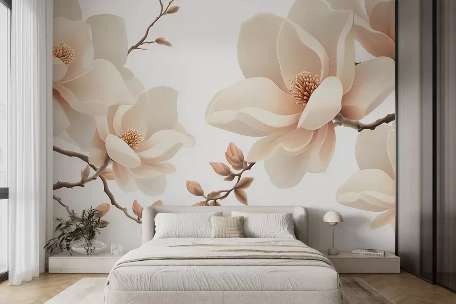Fotobehang Crèmekleurige magnoliatakken op een witte achtergrond w08755