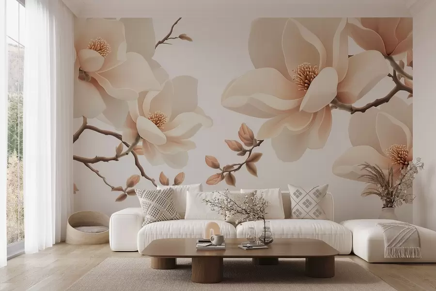 Fotobehang Crèmekleurige magnoliatakken op een witte achtergrond w08755