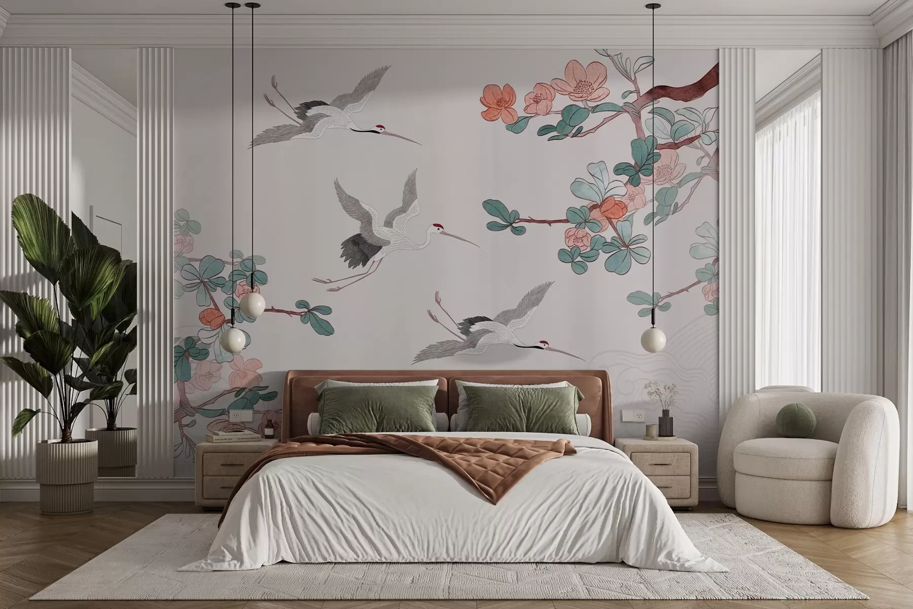 Fotobehang Takken met bloemen en kraanvogels in Japanse stijl w03103