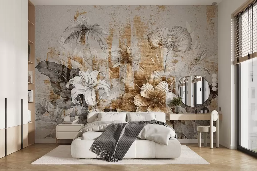 Fotobehang Vintage ontwerp met exotische bloemen en planten w08767