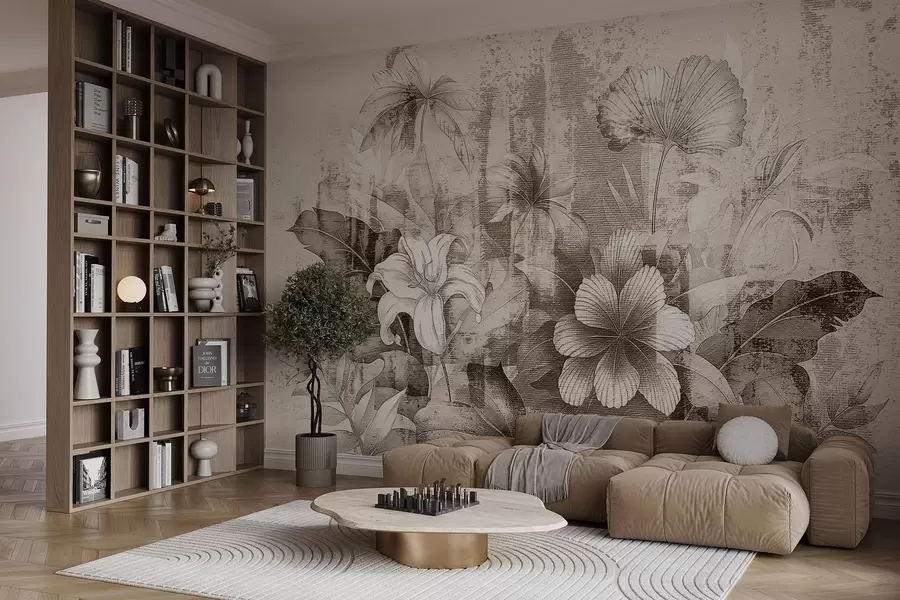 Fotobehang Vintage ontwerp met exotische bloemen en planten w08767v2