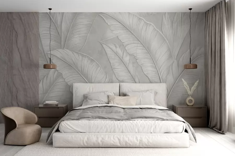 Fotobehang Gedetailleerde grote tropische bladeren in een monochrome lichtgrijze kleur in loftstijl met een hoge textuur  w08772