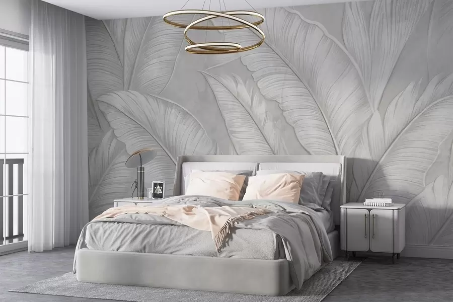 Fotobehang Gedetailleerde grote tropische bladeren in een monochrome lichtgrijze kleur in loftstijl met een hoge textuur  w08772