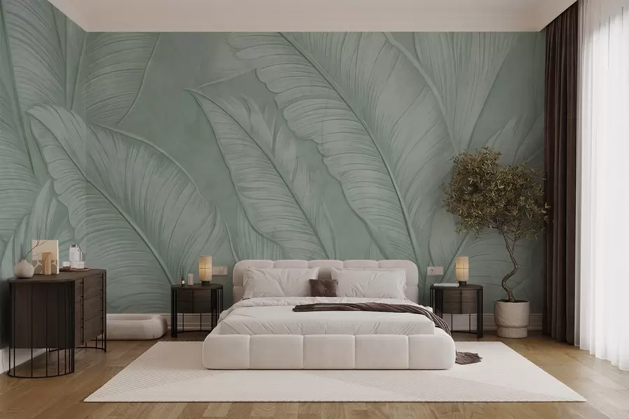 Fotobehang Gedetailleerde grote tropische bladeren in een monochrome groene kleur in loftstijl met een hoge textuur  w08772v1