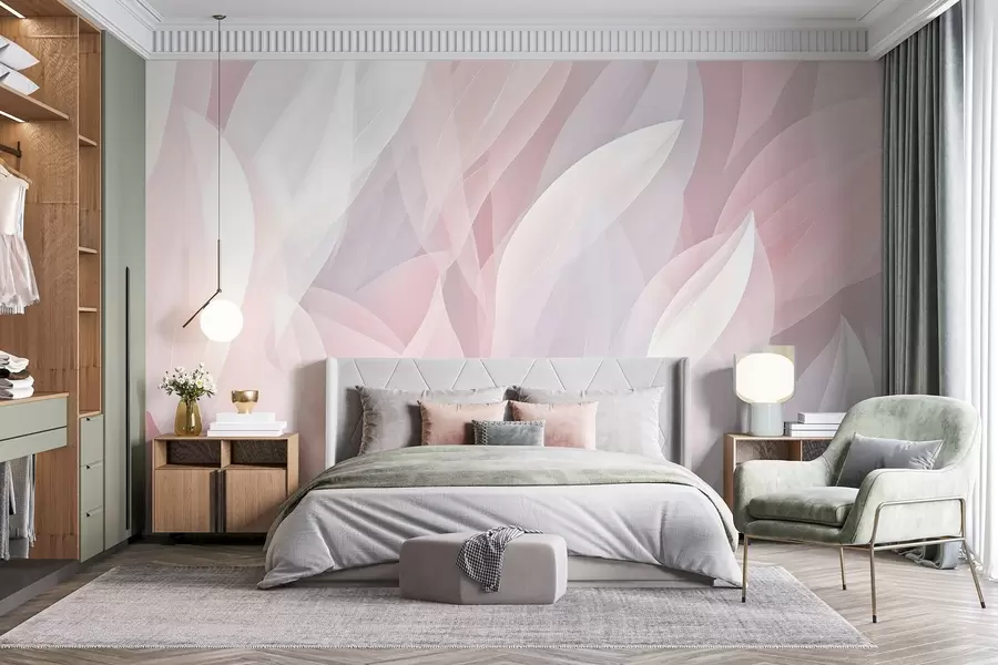 Fotobehang Abstract ontwerp met zachte bloembladachtige vormen in roze en witte tinten, waardoor een gelaagd effect ontstaat w08774