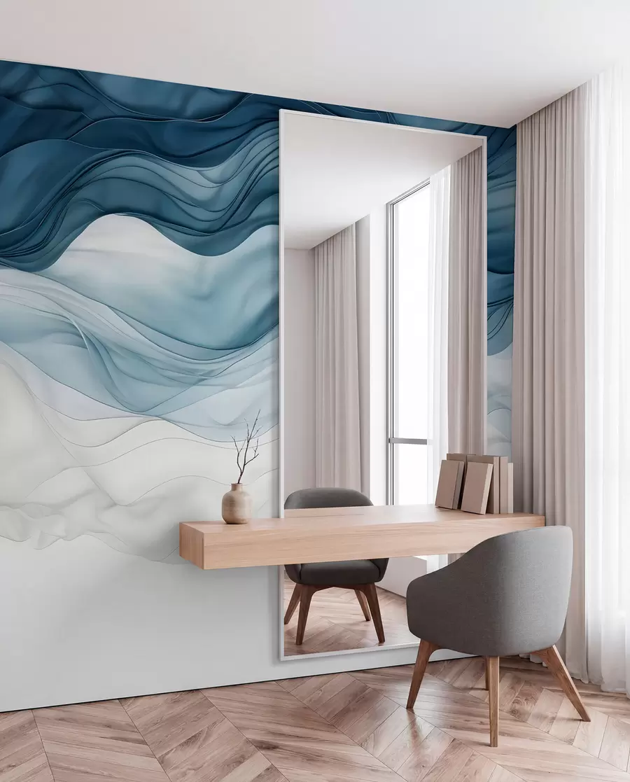 Fotobehang Vloeiende golven van doorschijnende texturen in donkerblauw, lichtblauw en wit op een lichte achtergrond  w08775