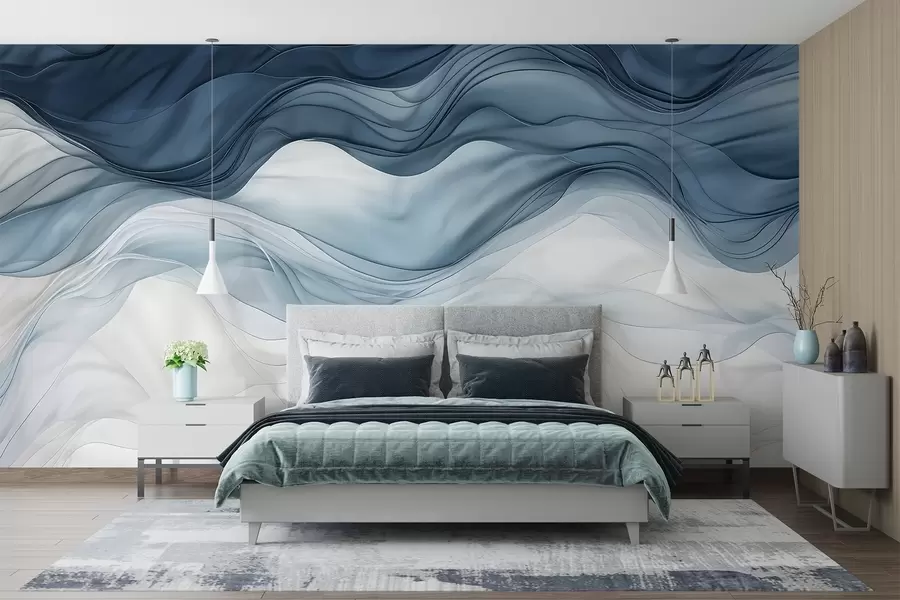Fotobehang Vloeiende golven van doorschijnende texturen in donkerblauw, lichtblauw en wit op een lichte achtergrond  w08775