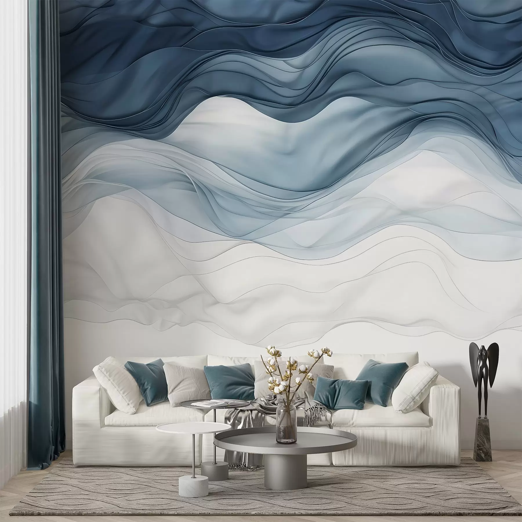 Fotobehang Vloeiende golven van doorschijnende texturen in donkerblauw, lichtblauw en wit op een lichte achtergrond  w08775