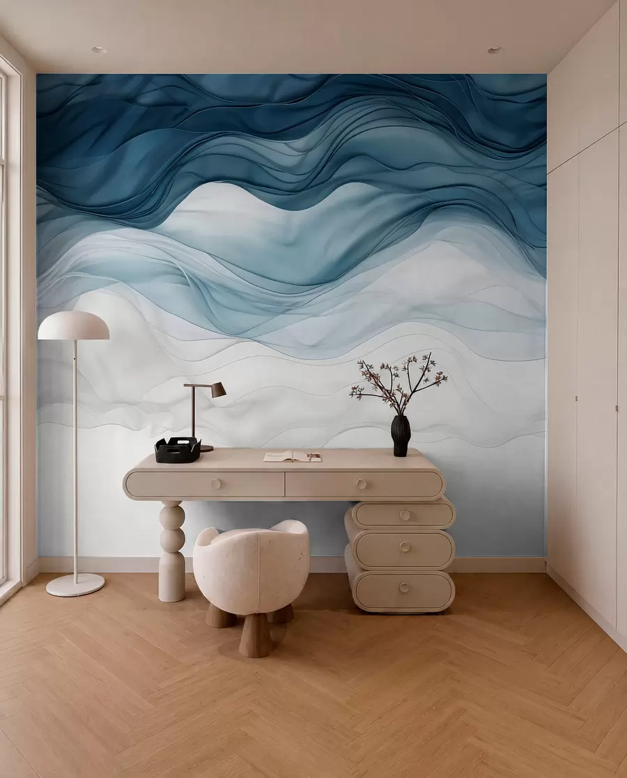 Fotobehang Vloeiende golven van doorschijnende texturen in donkerblauw, lichtblauw en wit op een lichte achtergrond  w08775