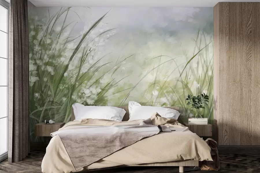 Fotobehang Weelderig groen gras met delicate witte bloemen, zacht vervaagde print met lichte tinten, waardoor een rustig landschap ontstaat w08779