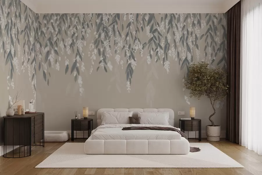 Fotobehang Cascading gebladerte takken in tinten van gedempt groen met witte bloemen en bladeren op beige achtergrond w08781