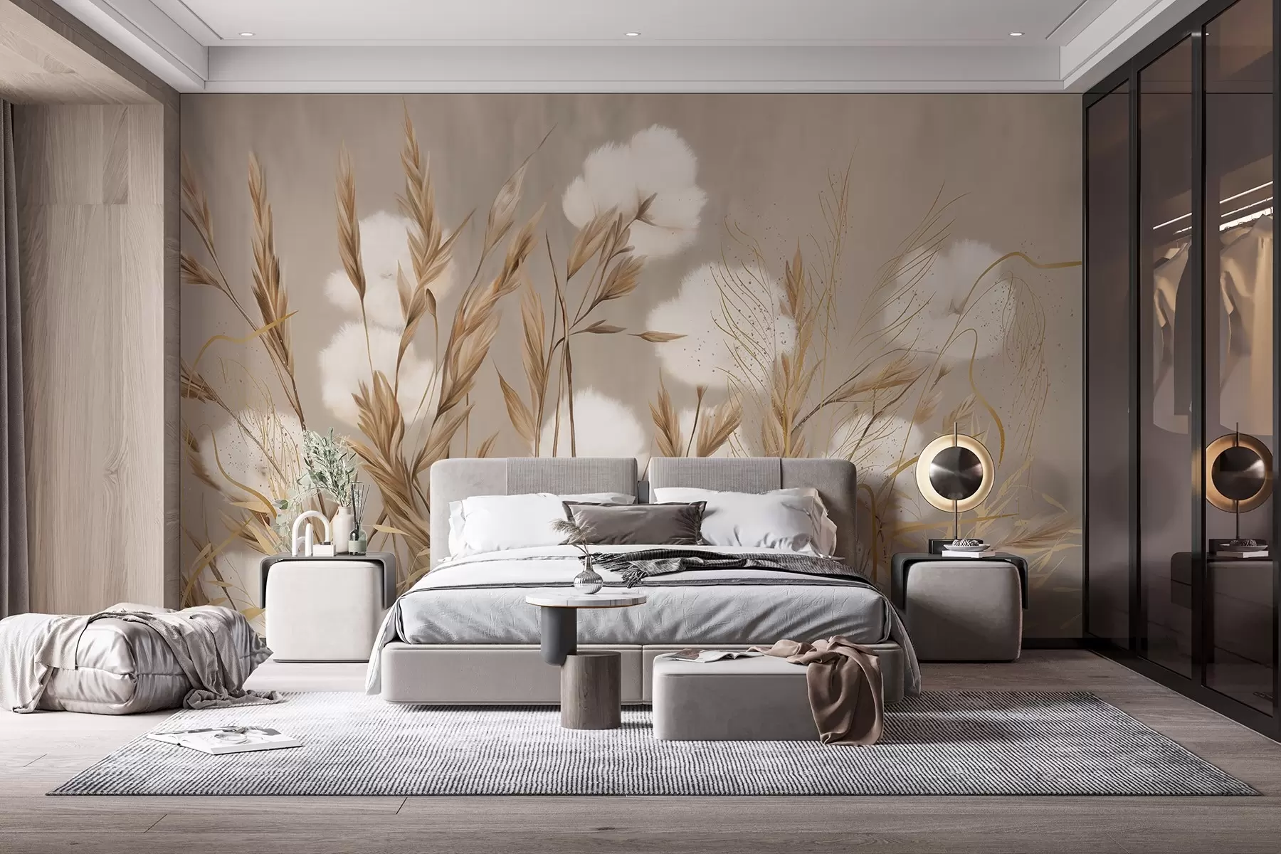 Fotobehang Zachte, pluizige katoenen witte bloemen en hoge oranje aartjes tegen een beige achtergrond met zachte structuur w08784