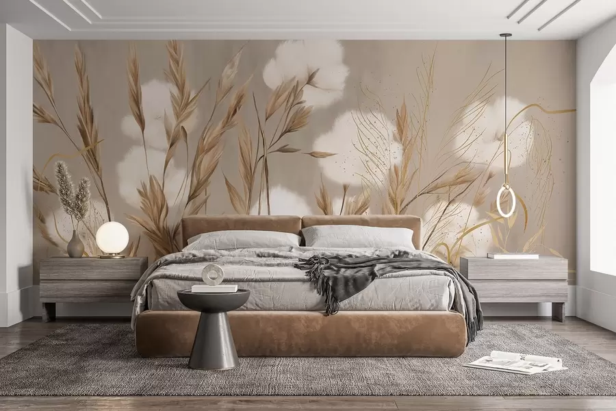 Fotobehang Zachte, pluizige katoenen witte bloemen en hoge oranje aartjes tegen een beige achtergrond met zachte structuur w08784