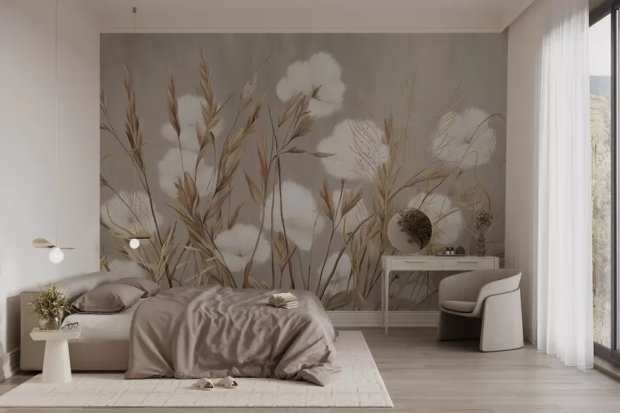 Fotobehang Zachte, pluizige katoenen witte bloemen en hoge oranje aartjes tegen een beige achtergrond met zachte structuur w08784