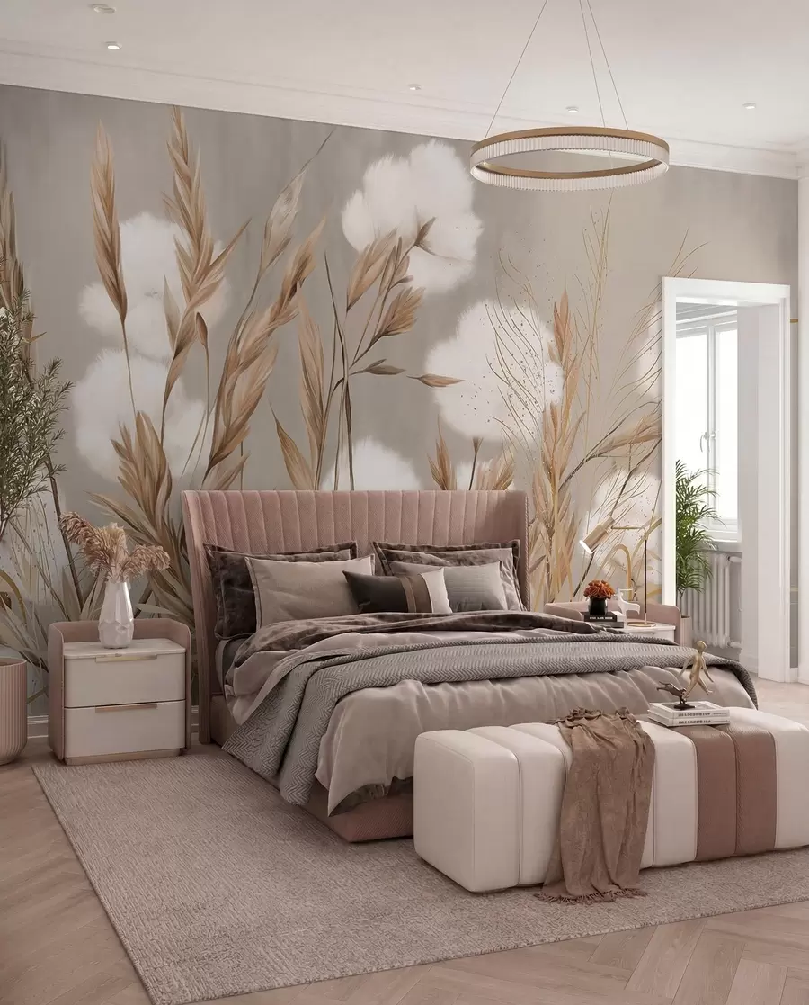 Fotobehang Zachte, pluizige katoenen witte bloemen en hoge oranje aartjes tegen een beige achtergrond met zachte structuur w08784