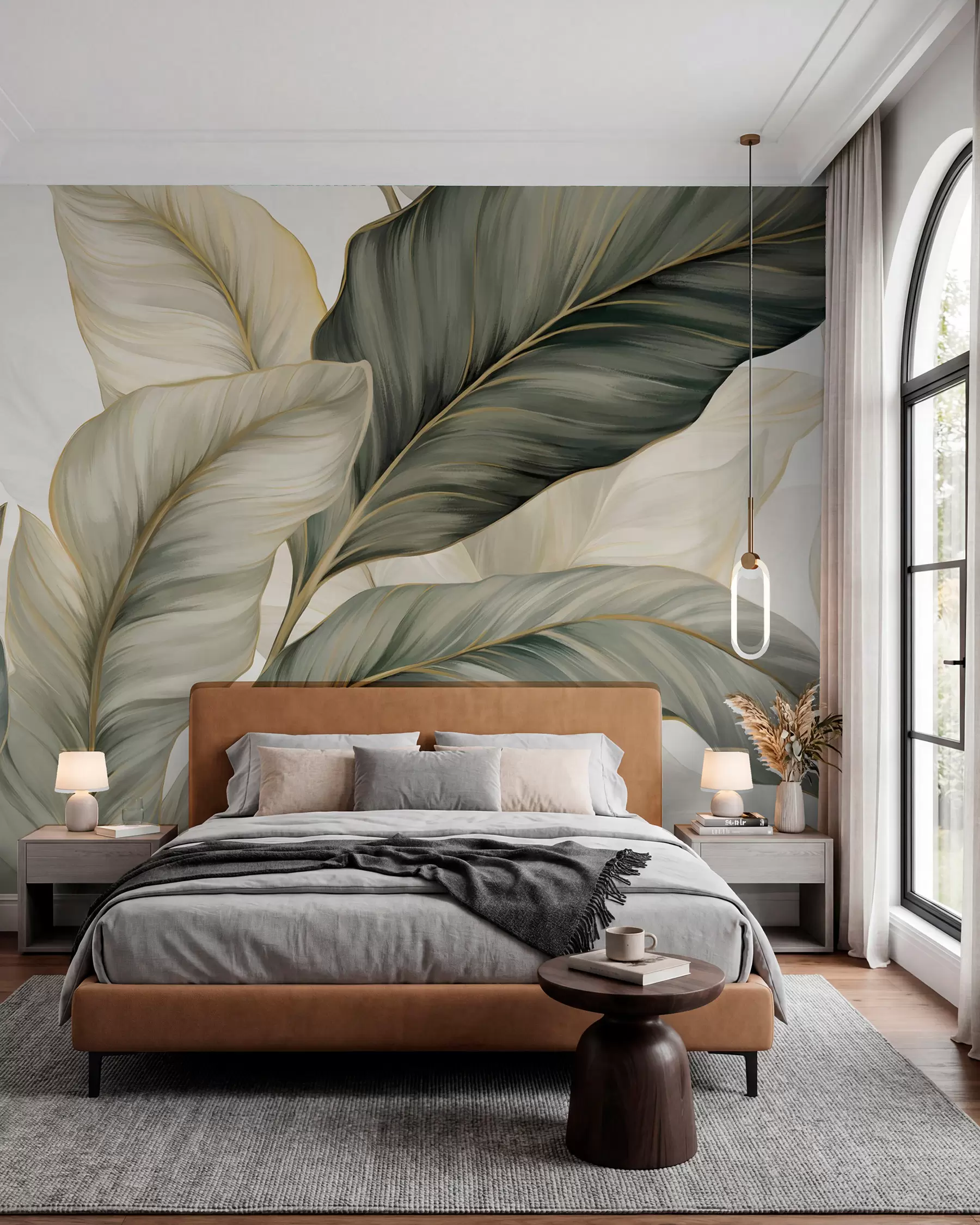 Fotobehang Grote, gestileerde gestructureerde bladeren met gedetailleerde nerven in verschillende tinten groen, crème en beige w08785