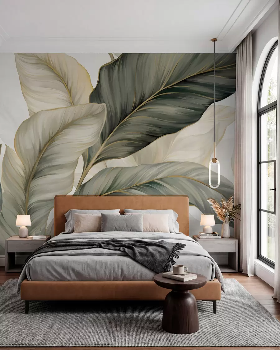 Fotobehang Grote, gestileerde gestructureerde bladeren met gedetailleerde nerven in verschillende tinten groen, crème en beige w08785