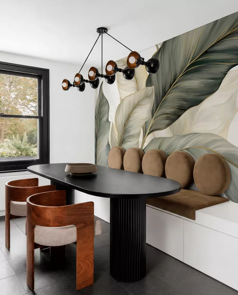 Fotobehang Grote, gestileerde gestructureerde bladeren met gedetailleerde nerven in verschillende tinten groen, crème en beige w08785