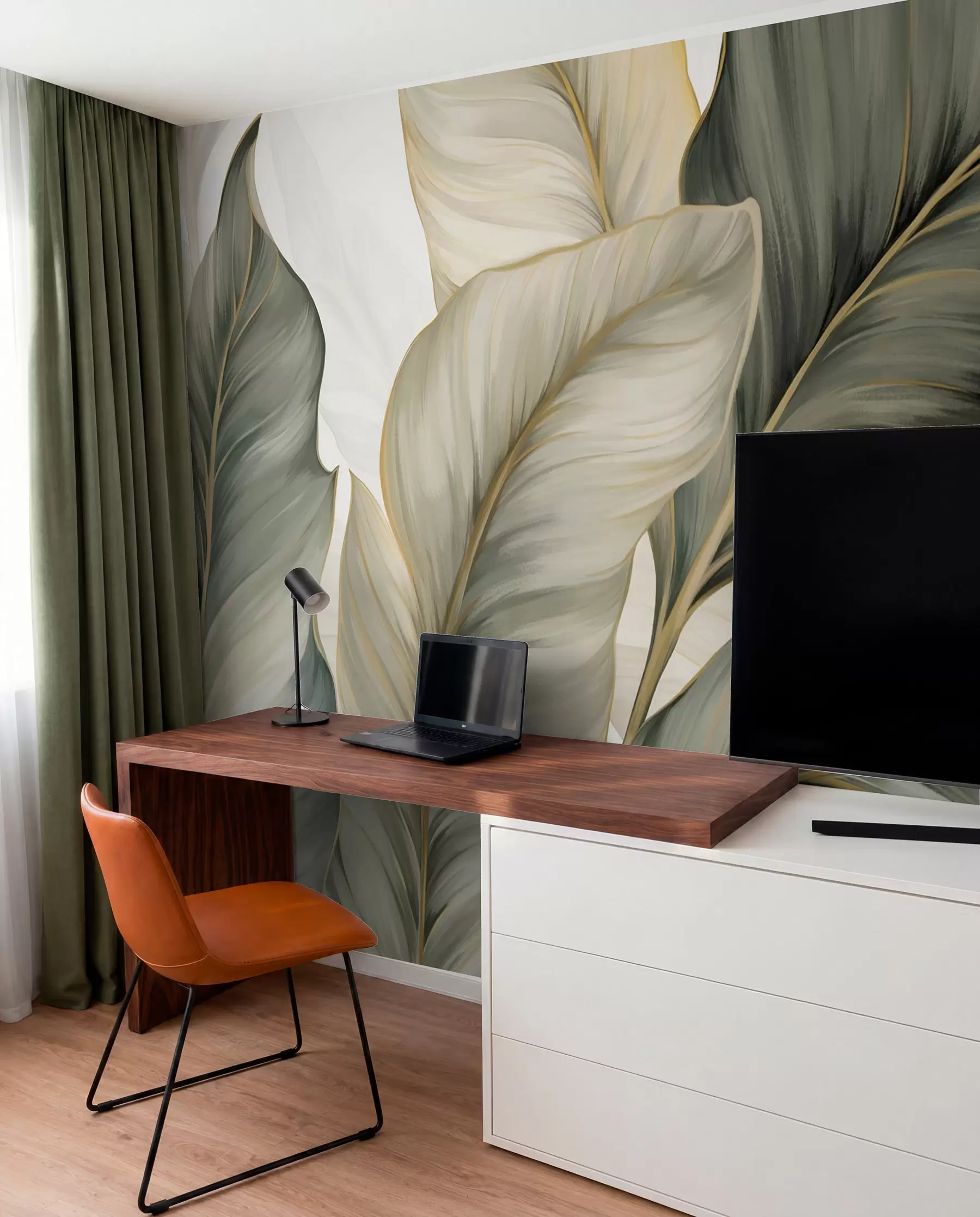 Fotobehang Grote, gestileerde gestructureerde bladeren met gedetailleerde nerven in verschillende tinten groen, crème en beige w08785