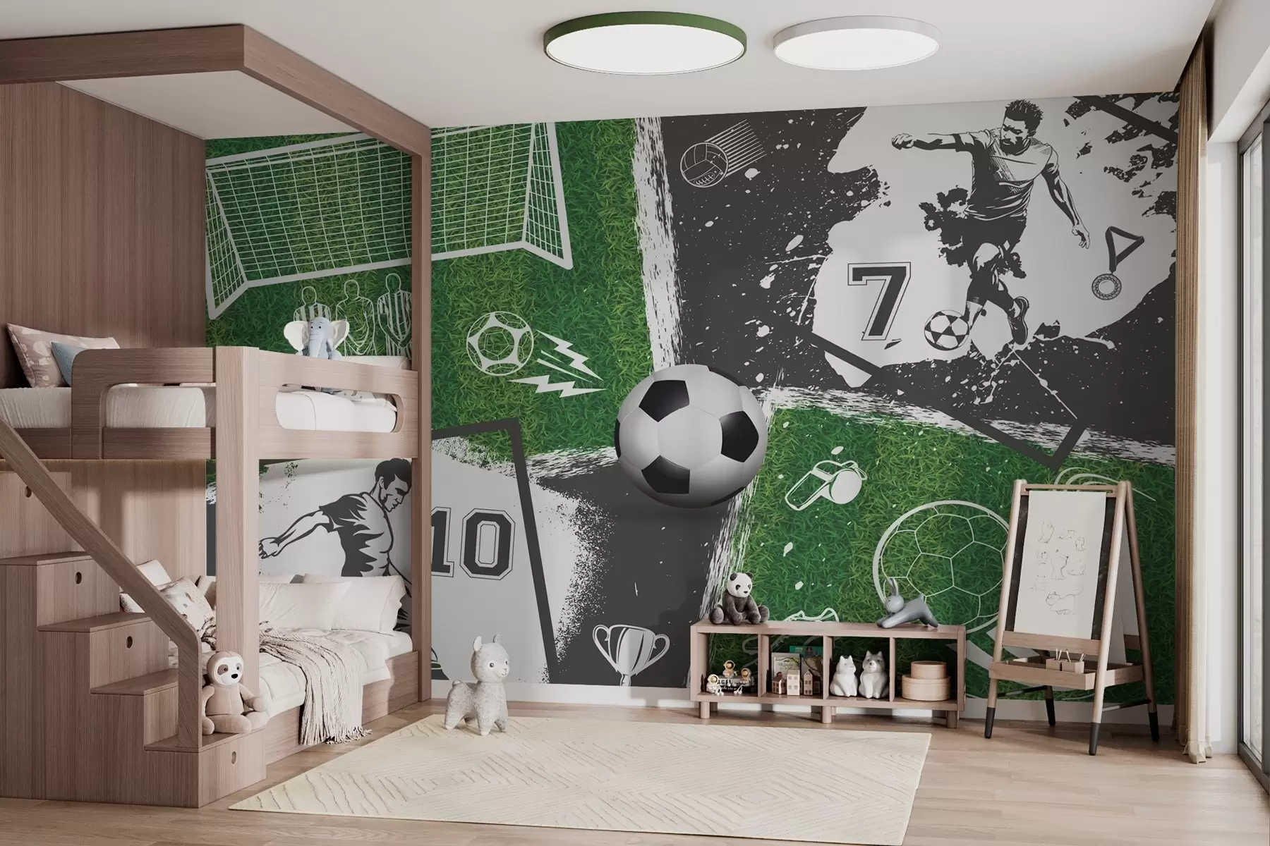 Fotobehang Voetbalspelers, bal en veld w03121