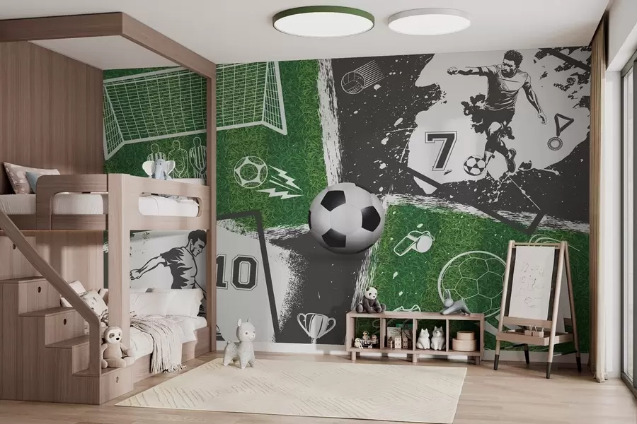 Fotobehang Voetbalspelers, bal en veld w03121