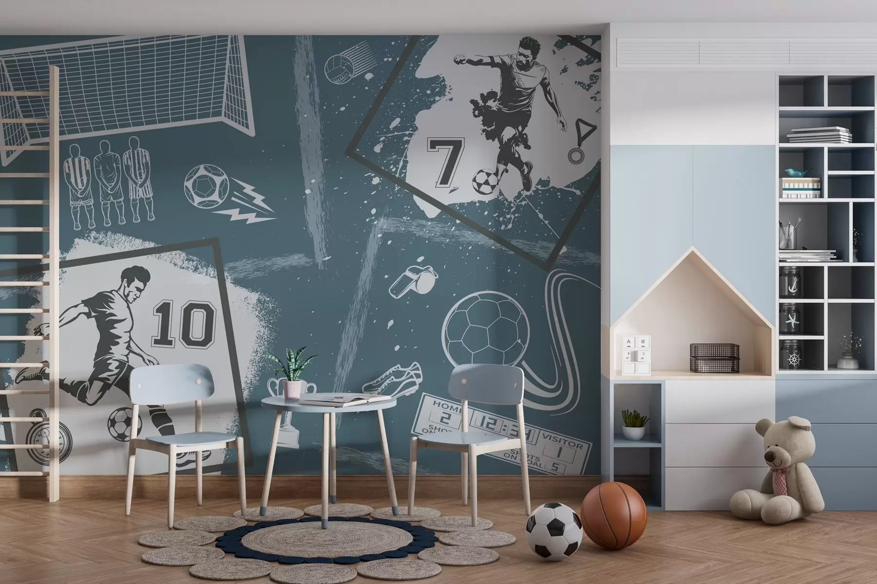 Fotobehang Voetbalspelers, bal en andere voetbalattributen in blauwtinten w03122