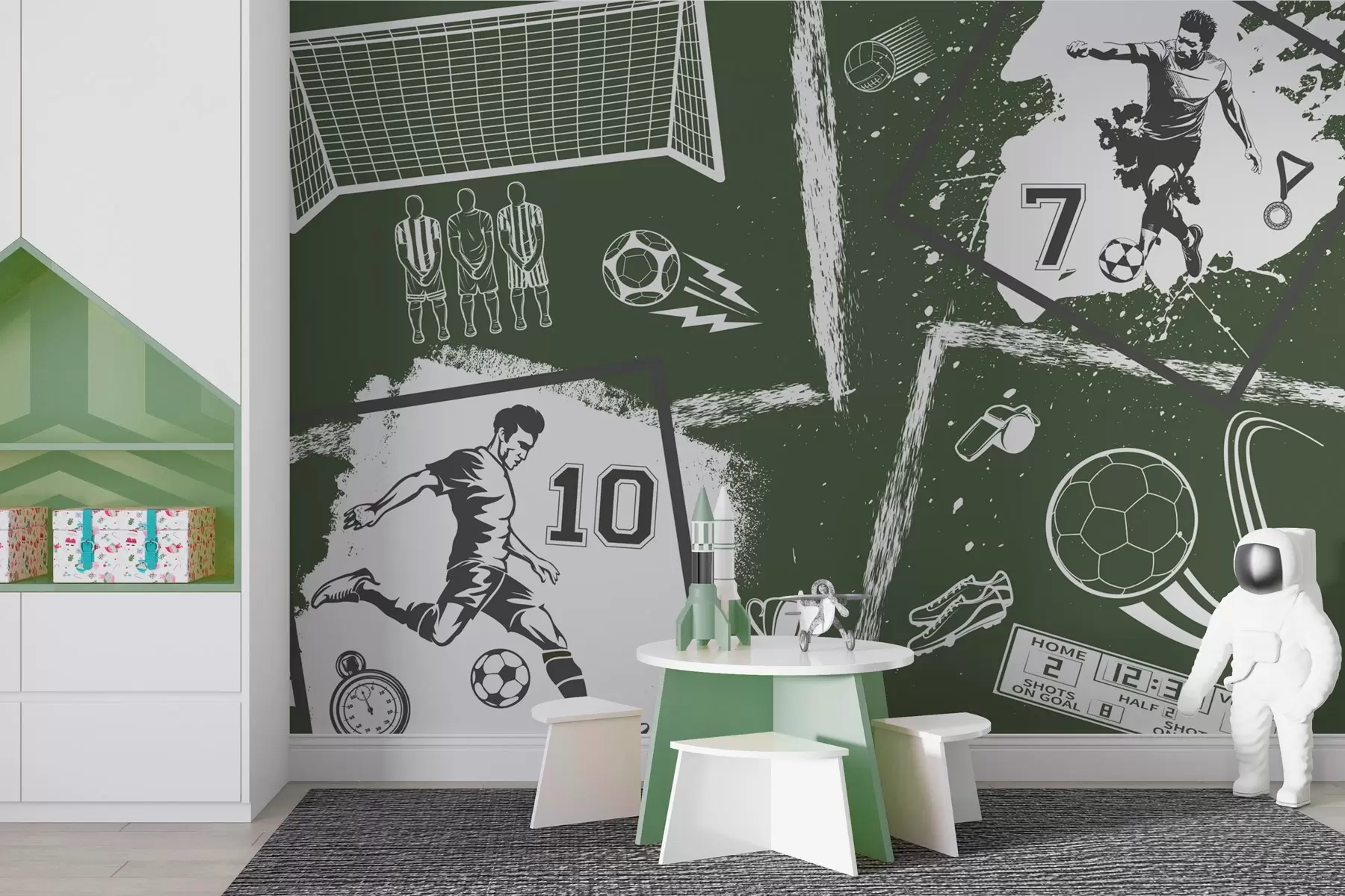 Fotobehang Voetbalspelers, bal en andere voetbalattributen in groene tinten w03122v2