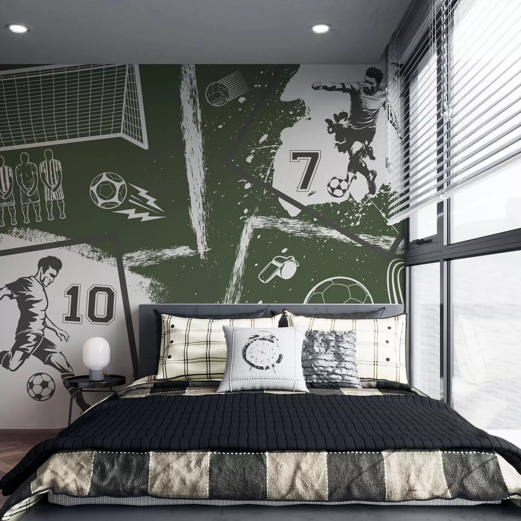 Fotobehang Voetbalspelers, bal en andere voetbalattributen in groene tinten w03122v2