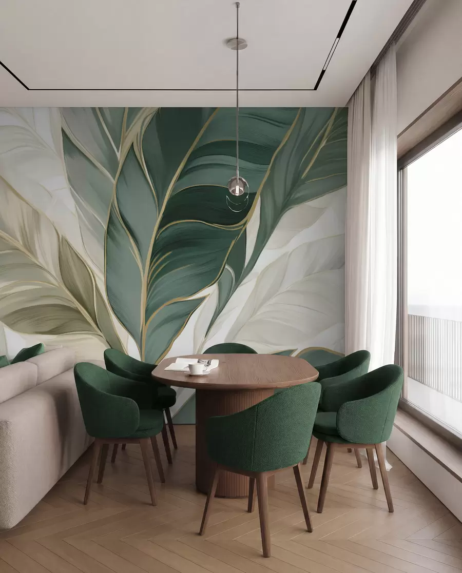 Fotobehang Groene tropische bladeren op grijze en witte achtergrond w03124