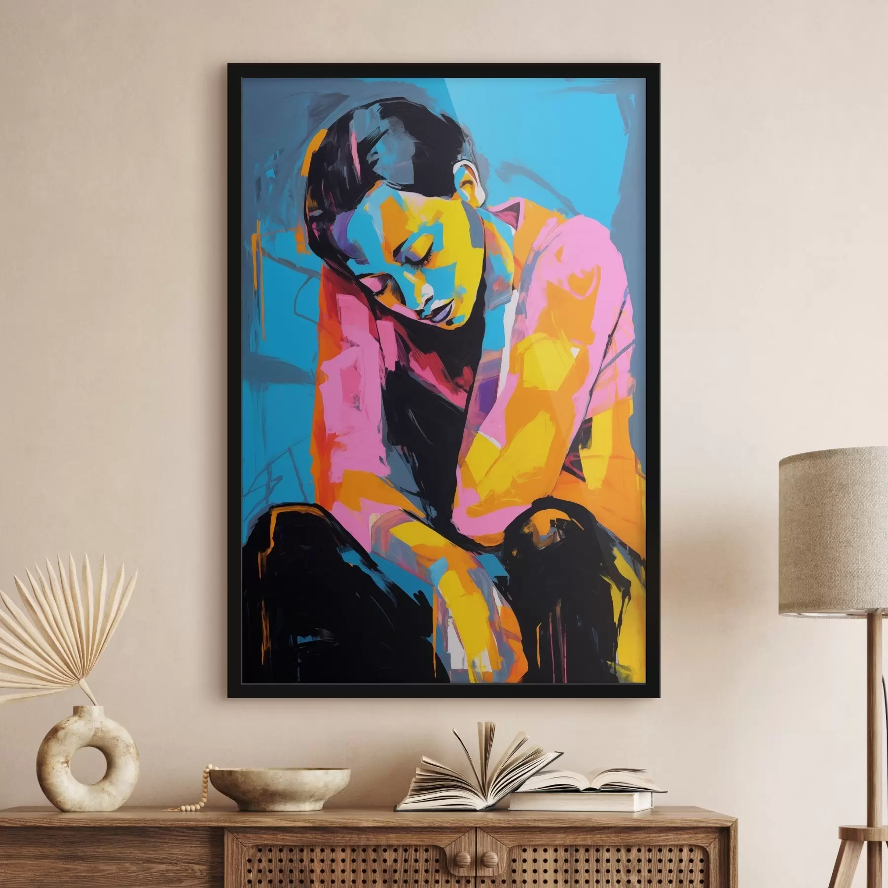Fotobehang Abstract portret van een nadenkend persoon in levendige kleuren f42936