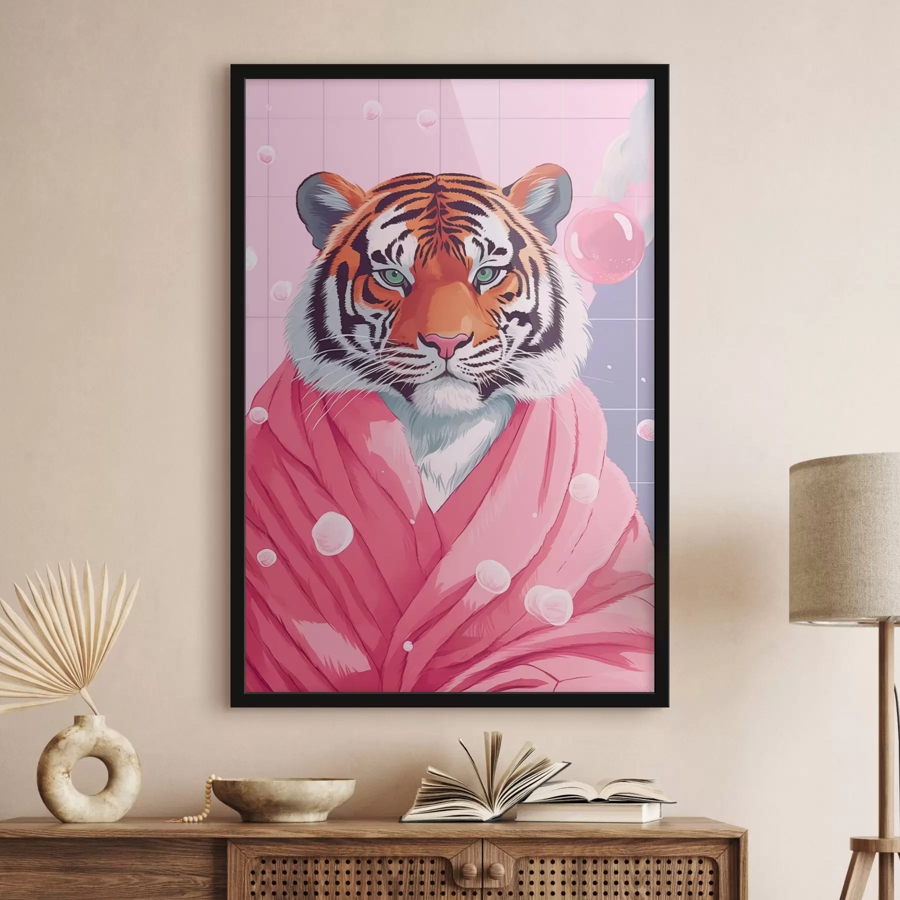 Fotobehang Tijger in een roze handdoek f42942