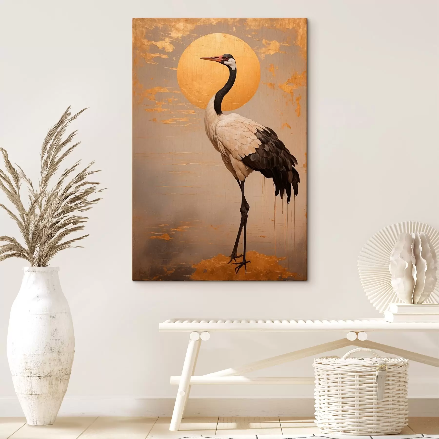  Schilderijen Kraanvogel op de achtergrond van gouden zon in acrylschilderstijl s42773