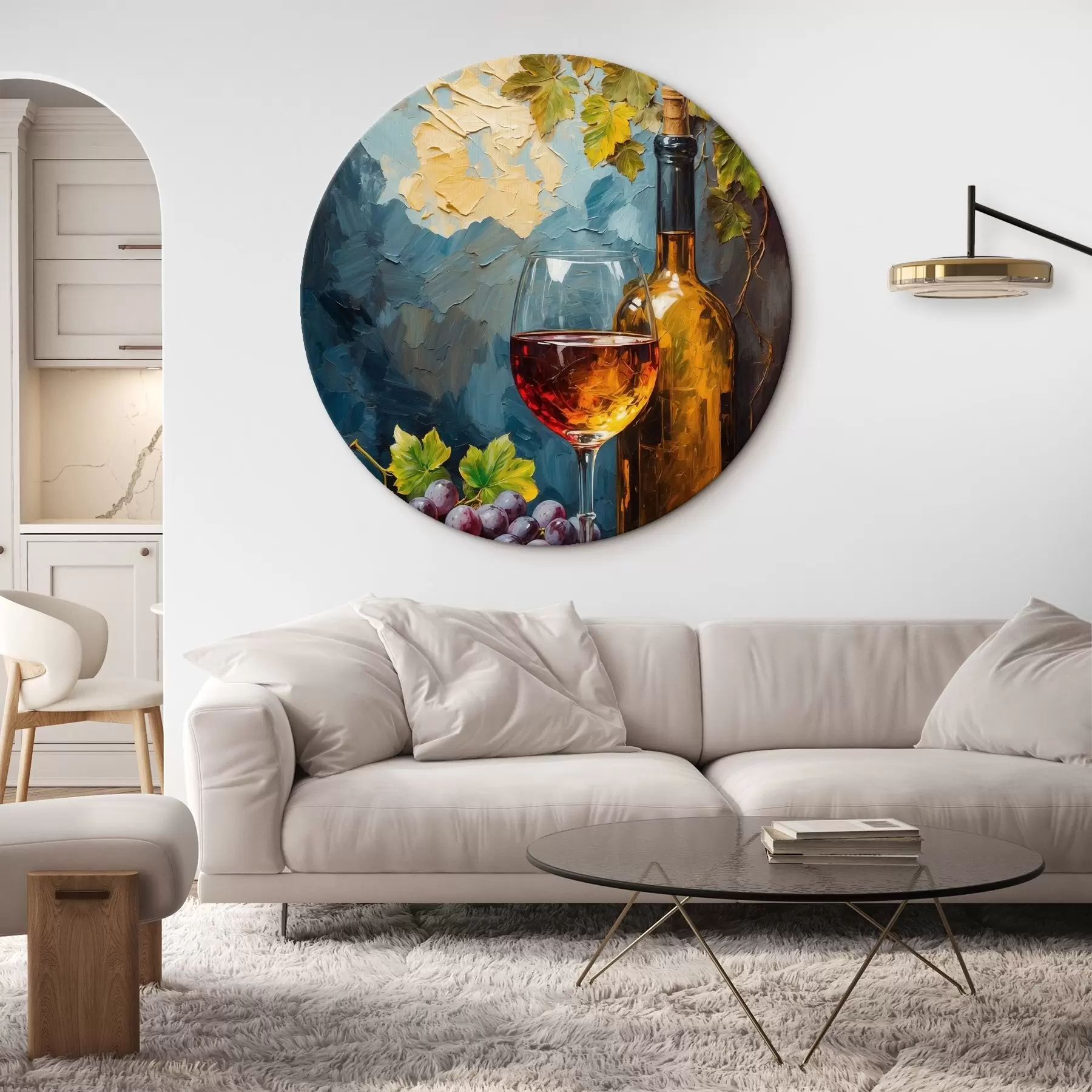  Schilderijen Druiven, glas en wijnfles op abstracte acrylachtergrond r42772