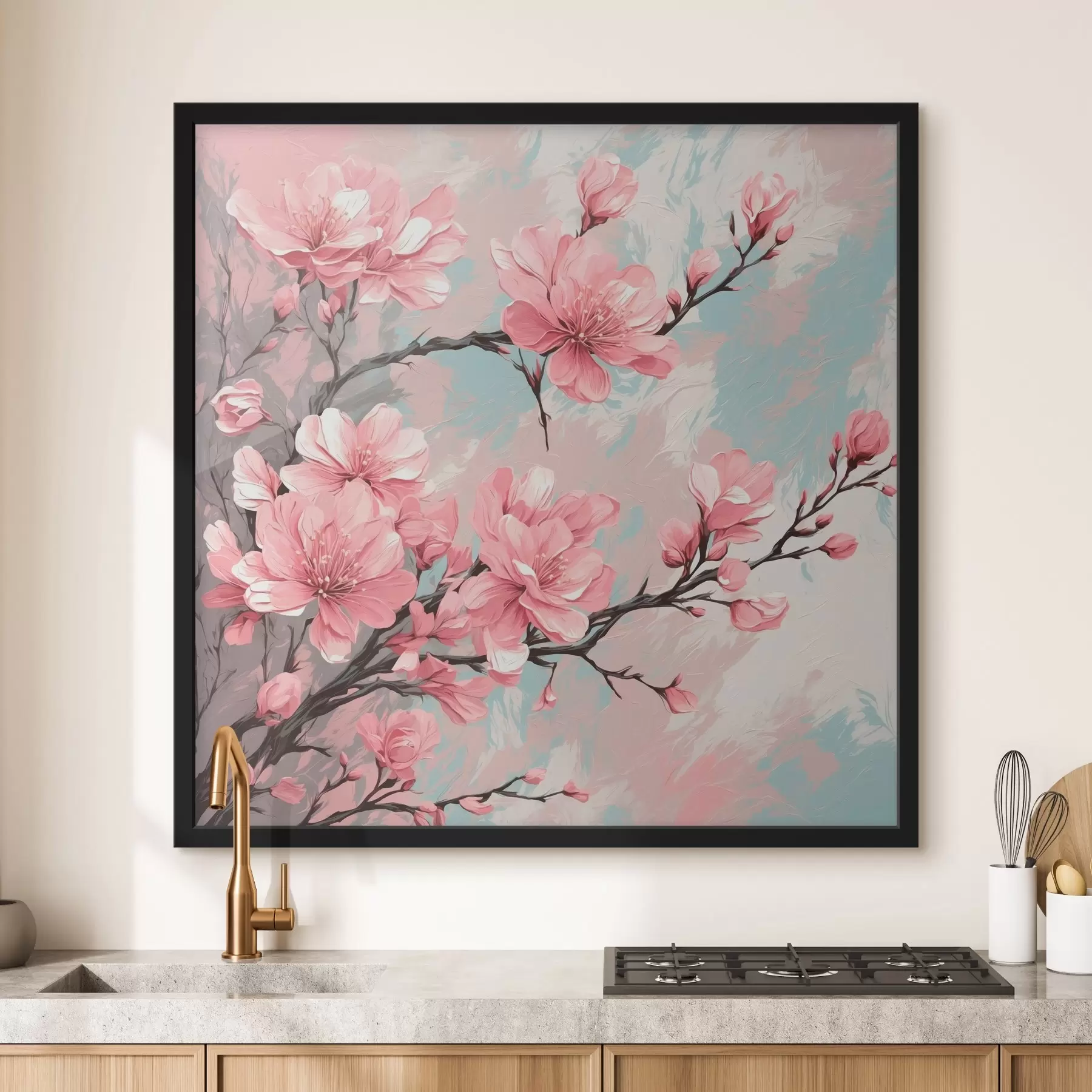  Schilderijen Roze bloemen en stengels in acrylschilderstijl f42918