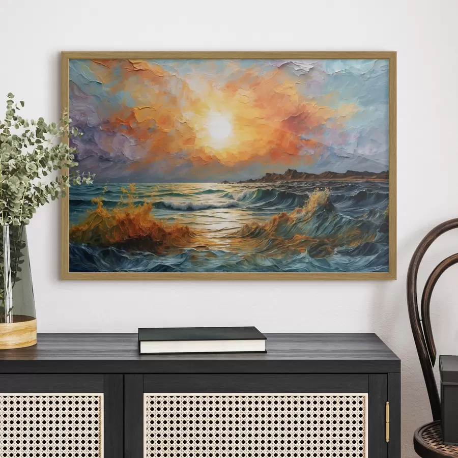 Fotobehang Stormachtige zee en zon in olieverfschilderijstijl f42920