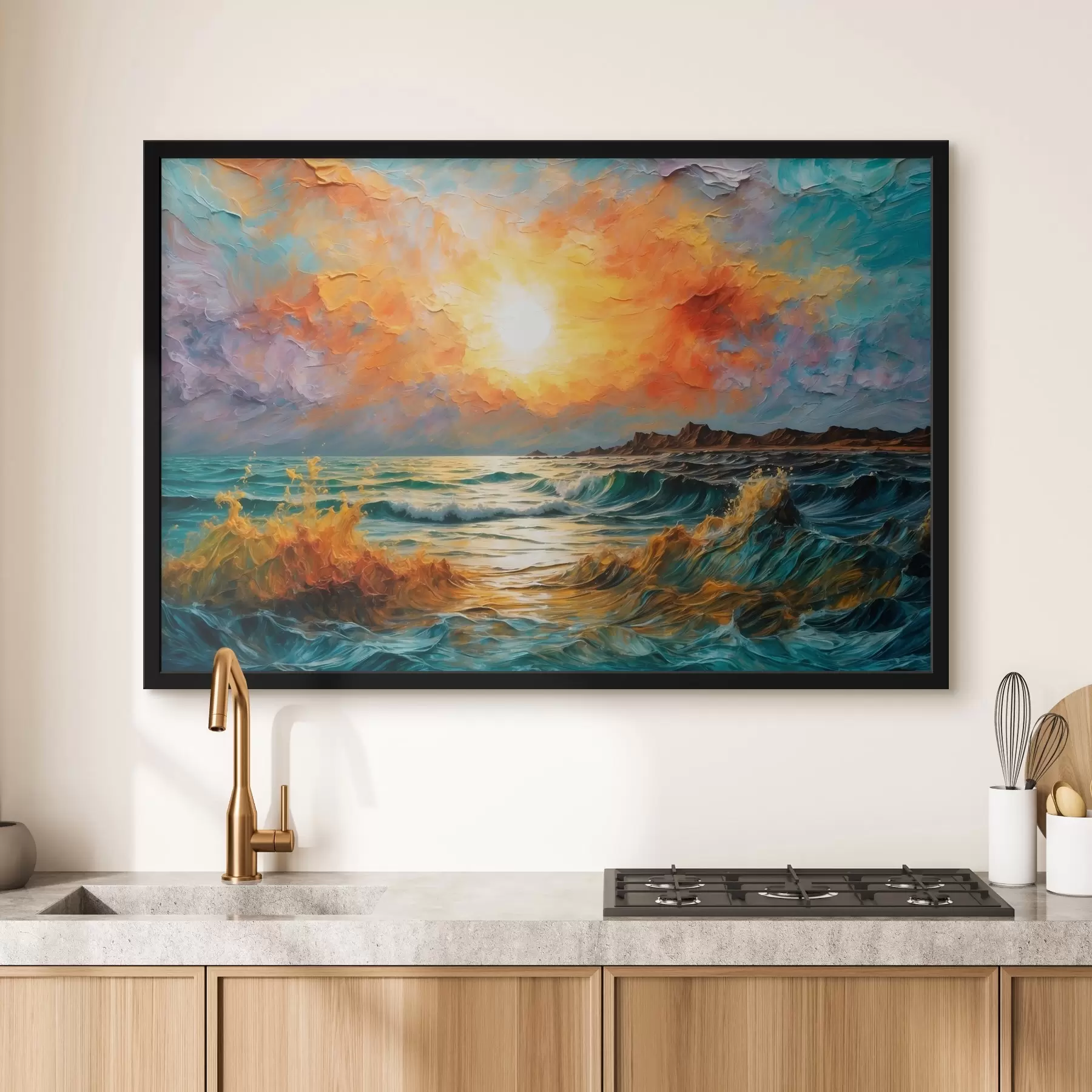 Fotobehang Stormachtige zee en zon in olieverfschilderijstijl f42920