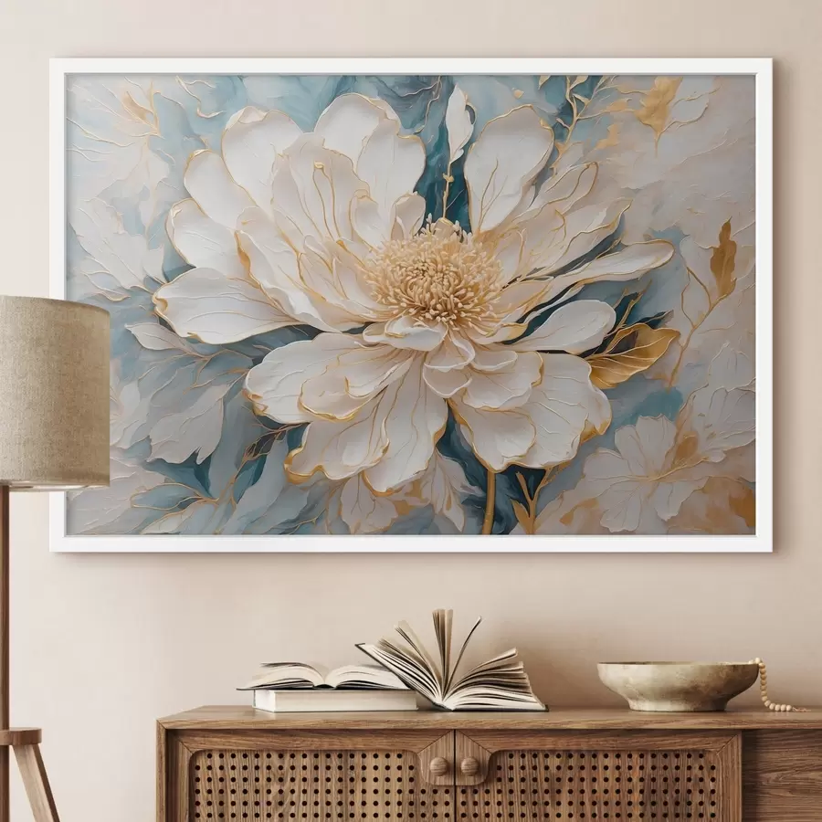 Fotobehang Witte bloem met contouren op een blauw-witte achtergrond f42923