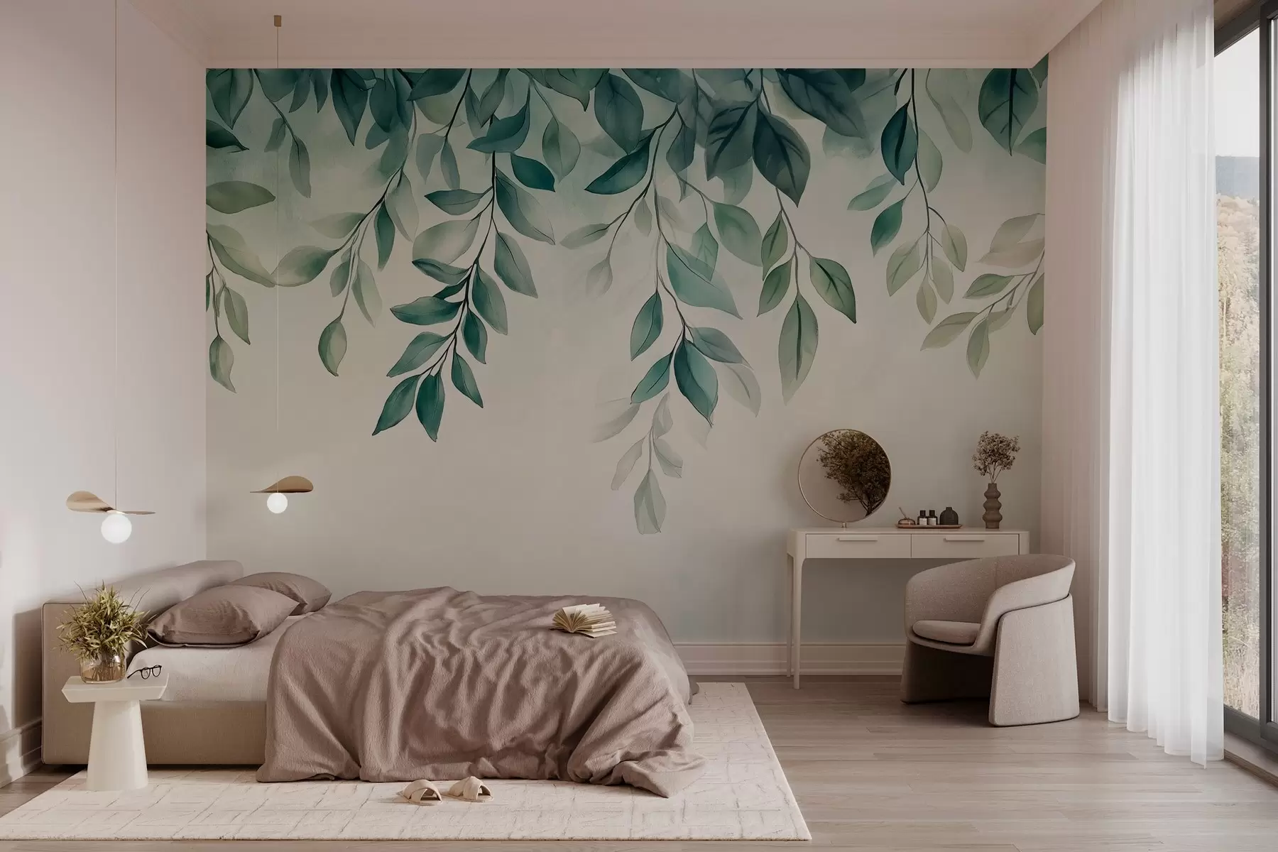 Fotobehang groene bladeren in aquarelstijl hangend aan de bovenkant w03024