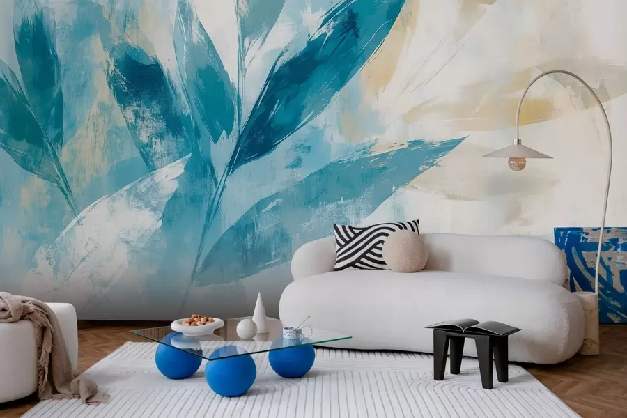 Fotobehang blauwe bladeren in de stijl van abstracte strepen w03109