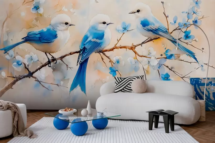 Fotobehang lente zangvogels op een boomtak in aquarel stijl w03112