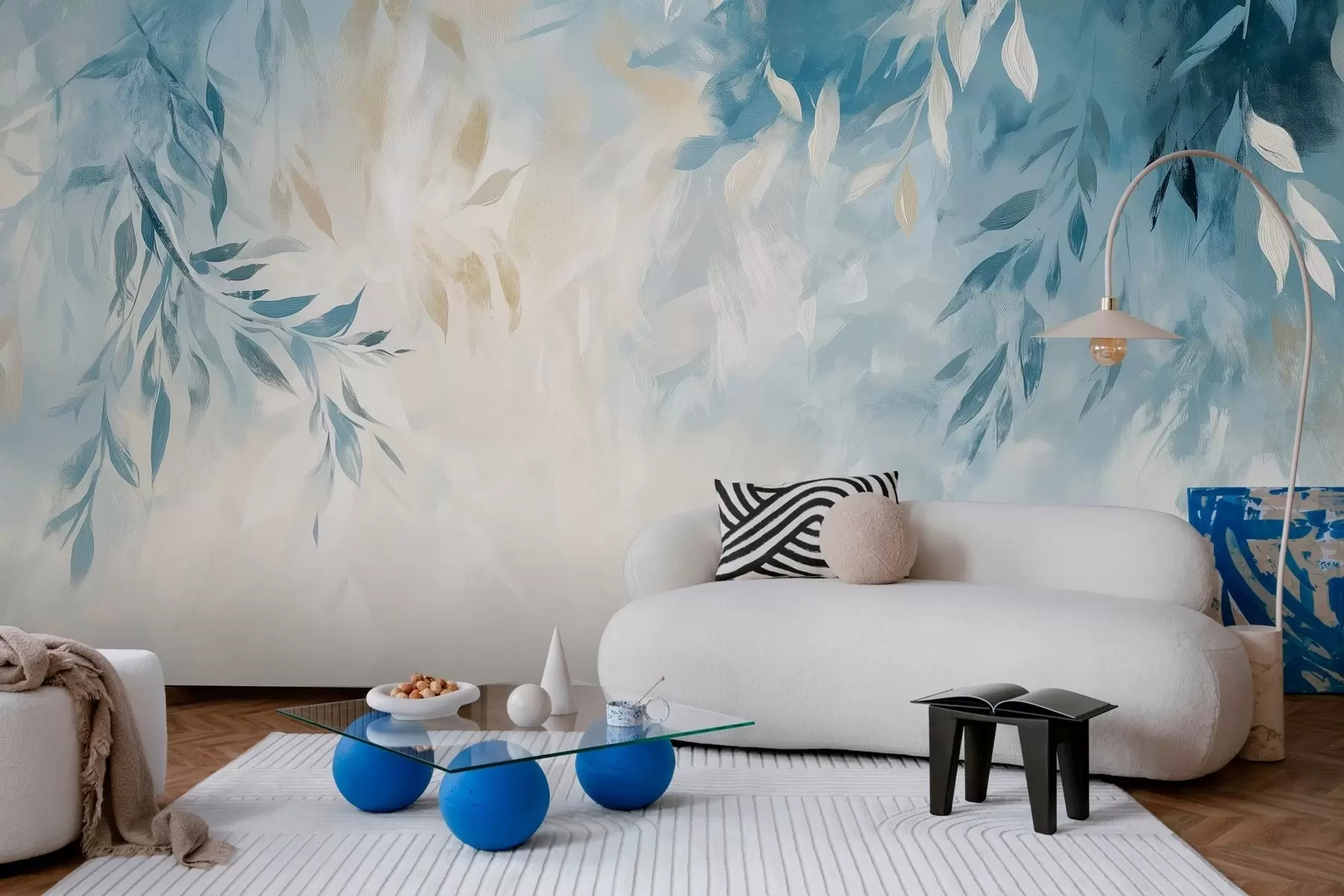 Fotobehang abstracte blauwe bladeren met olieverfstreken w03114