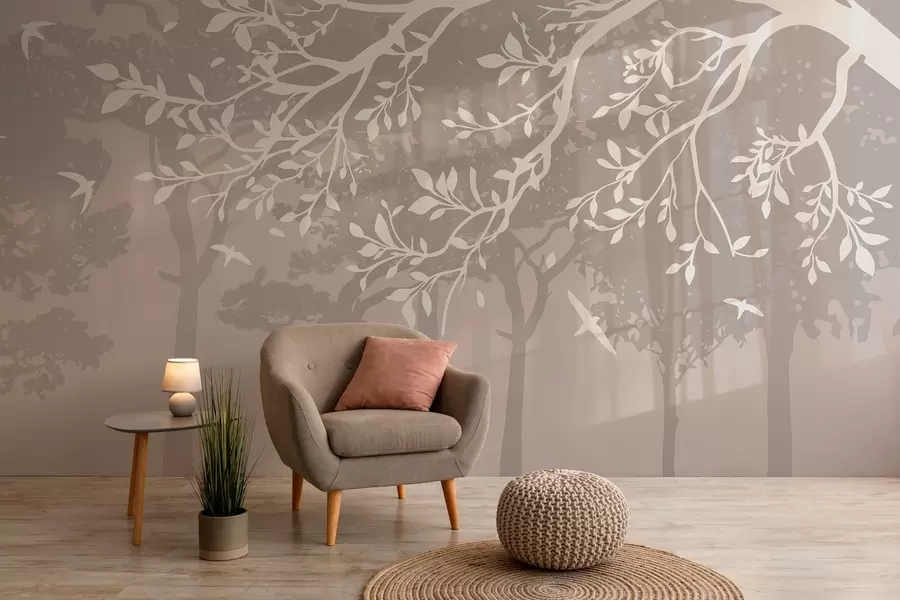 Fotobehang silhouet van een romige boomtak met vogels, op de achtergrond van het bos w03116