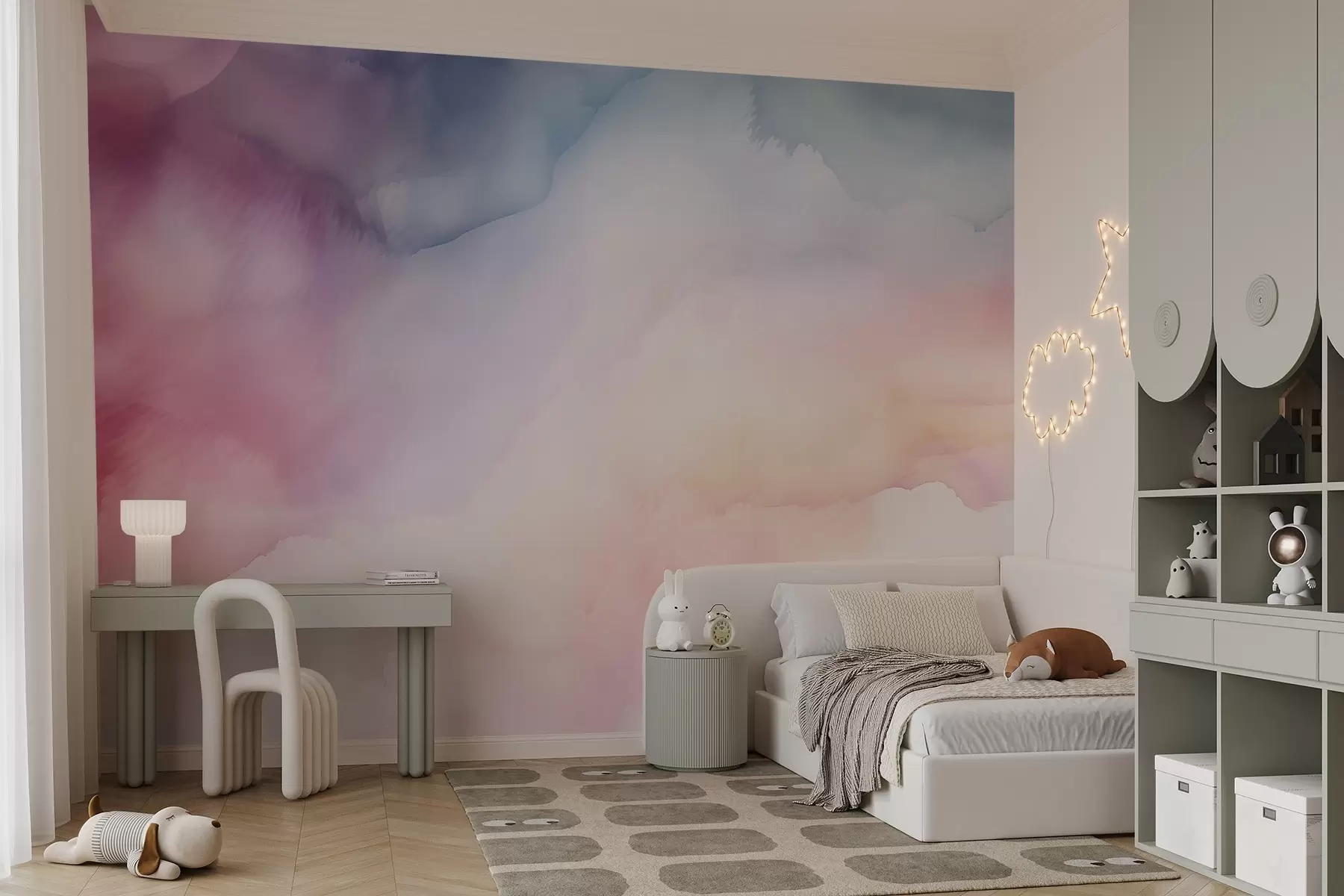 Fotobehang Abstract aquarelverloop in zachte pasteltinten roze, blauw en perzik w03160